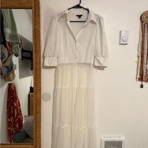 Elegant White Button-Up Maxi Shirt Sheer Dress